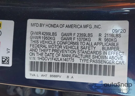 2020 Honda Accord Ex z USA, uszkodzony, nr VIN 1HGCV1F42LA140775
